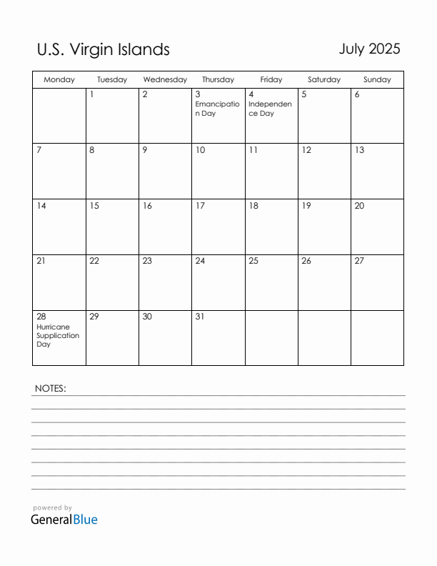 July 2025 U.S. Virgin Islands Calendar with Holidays (Monday Start)