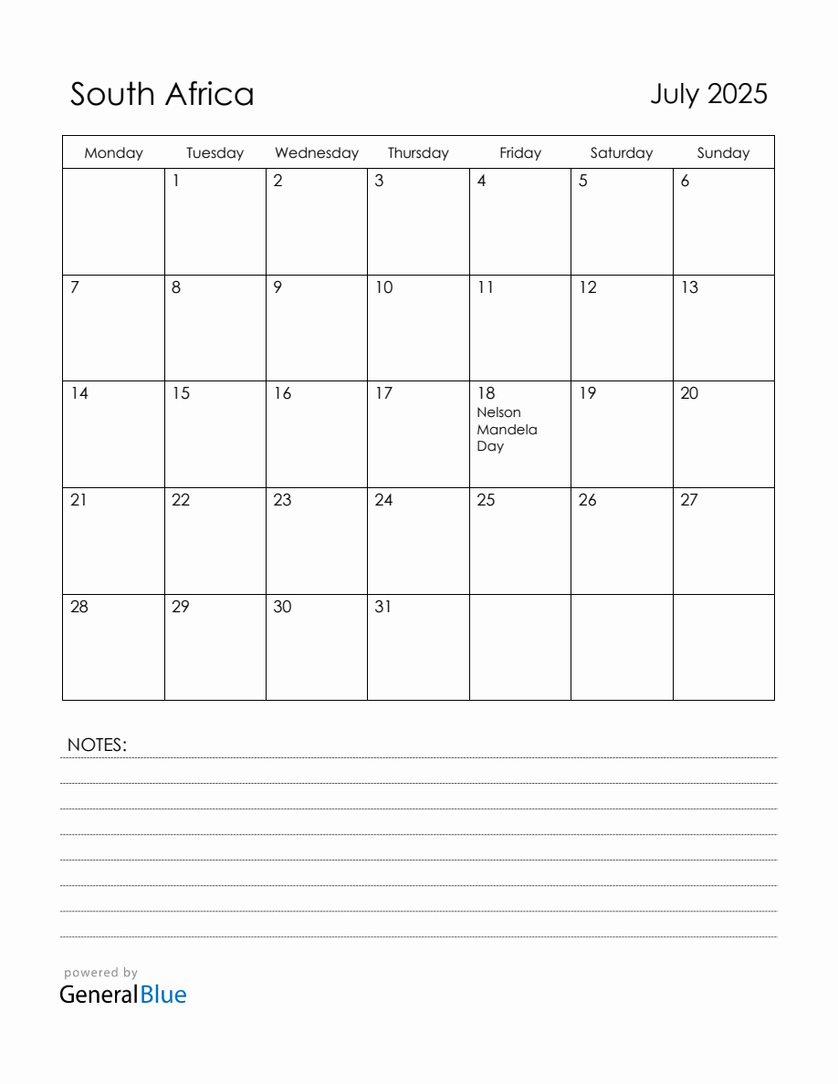 July 2025 South Africa Calendar with Holidays (Monday Start)