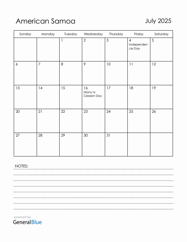 July 2025 American Samoa Calendar with Holidays (Sunday Start)