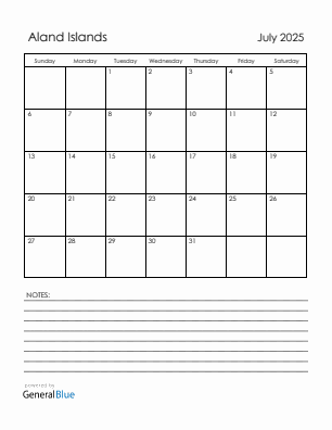 Current month calendar with Aland Islands holidays for July 2025