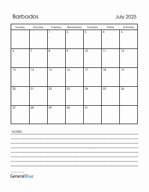 Current month calendar with Barbados holidays for July 2025