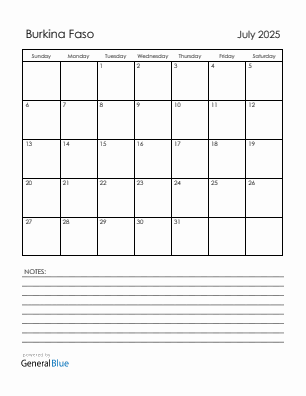 Current month calendar with Burkina Faso holidays for July 2025