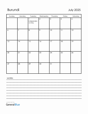 Current month calendar with Burundi holidays for July 2025