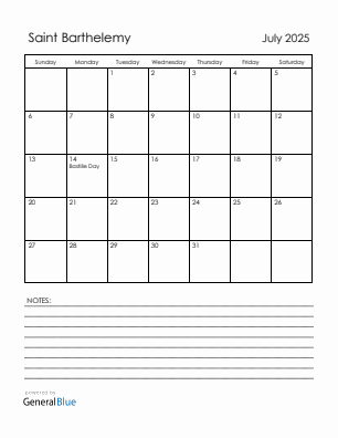 Current month calendar with Saint Barthelemy holidays for July 2025