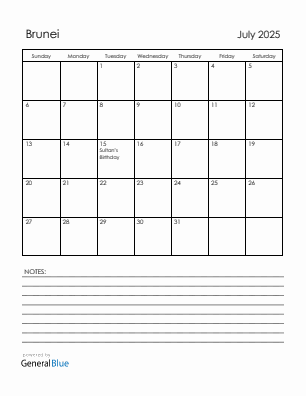 Current month calendar with Brunei holidays for July 2025