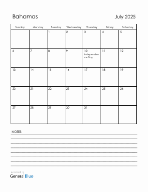 Current month calendar with Bahamas holidays for July 2025