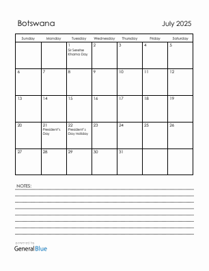 Current month calendar with Botswana holidays for July 2025