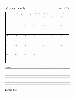 Current month calendar with Cocos Islands holidays for July 2025