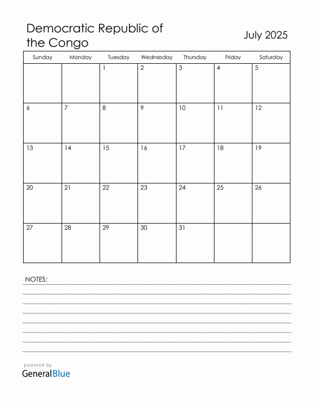 July 2025 Democratic Republic of the Congo Calendar with Holidays (Sunday Start)