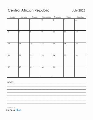 Current month calendar with Central African Republic holidays for July 2025