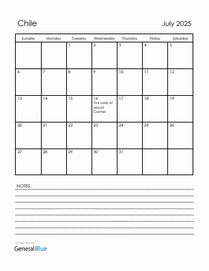 Current month calendar with Chile holidays for July 2025