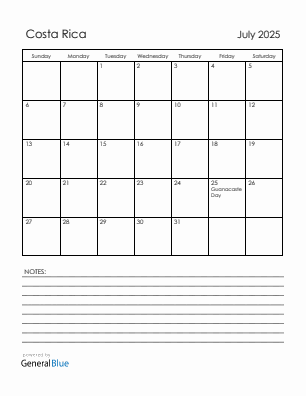 Current month calendar with Costa Rica holidays for July 2025