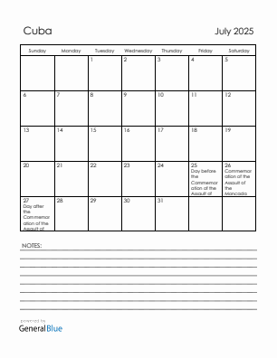 Current month calendar with Cuba holidays for July 2025