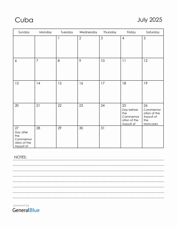 July 2025 Cuba Calendar with Holidays