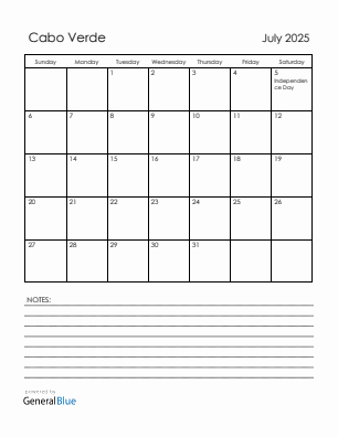 Current month calendar with Cabo Verde holidays for July 2025