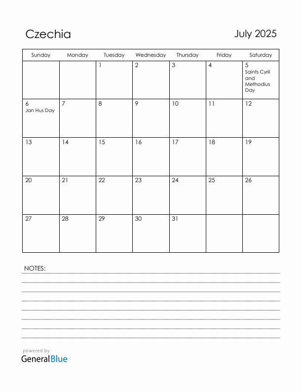 July 2025 Czechia Calendar with Holidays (Sunday Start)
