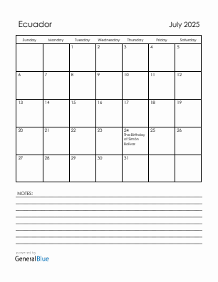 Current month calendar with Ecuador holidays for July 2025