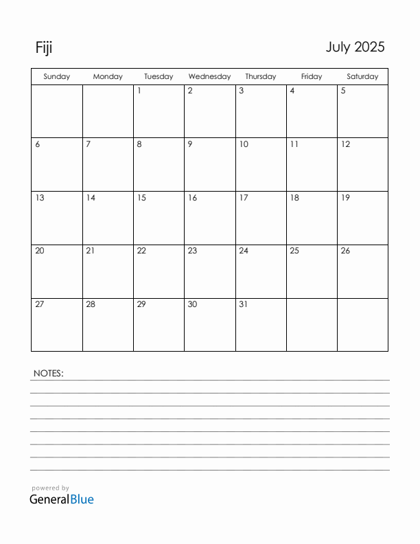 July 2025 Fiji Calendar with Holidays (Sunday Start)