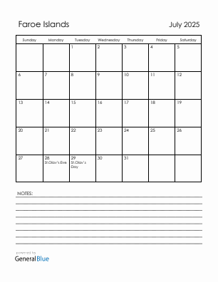 Current month calendar with Faroe Islands holidays for July 2025