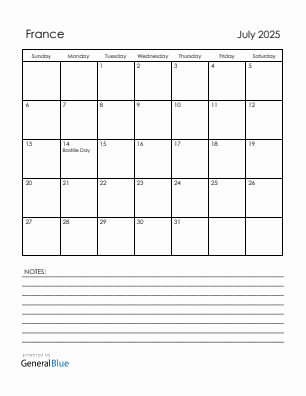 Current month calendar with France holidays for July 2025
