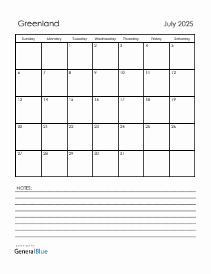 Current month calendar with Greenland holidays for July 2025