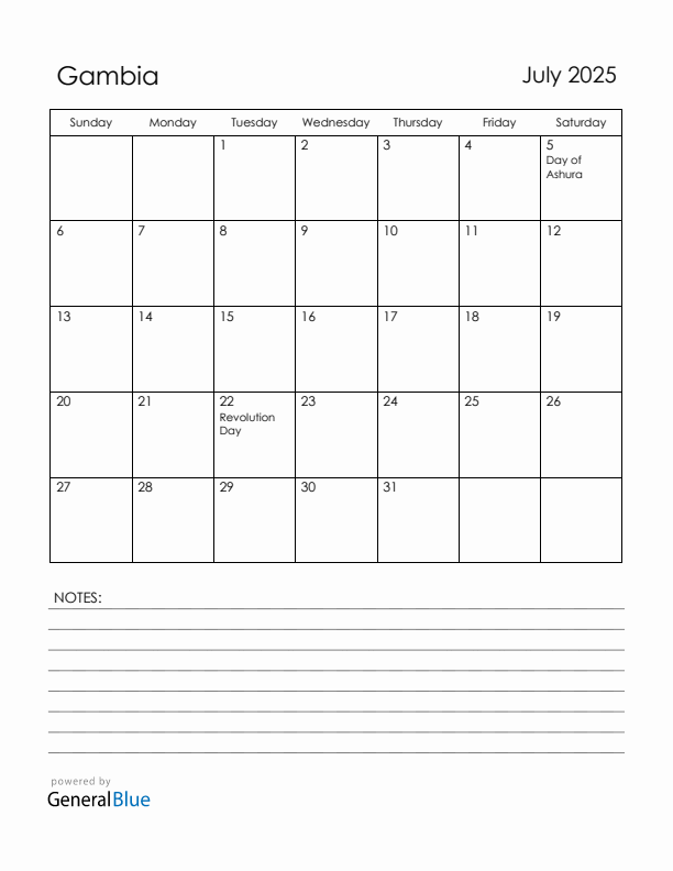 July 2025 Gambia Calendar with Holidays (Sunday Start)