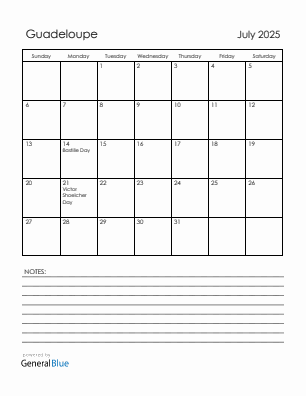 Current month calendar with Guadeloupe holidays for July 2025