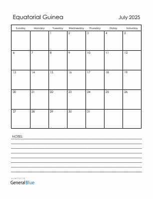 Current month calendar with Equatorial Guinea holidays for July 2025