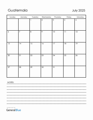 Current month calendar with Guatemala holidays for July 2025