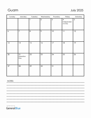 Current month calendar with Guam holidays for July 2025