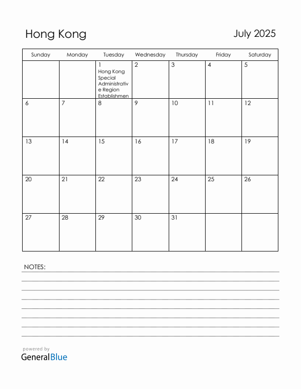 July 2025 Hong Kong Calendar with Holidays (Sunday Start)
