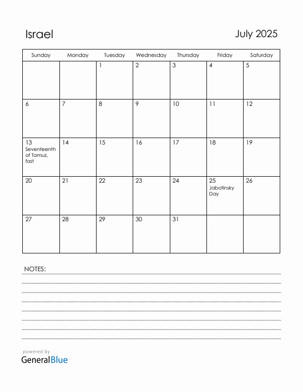July 2025 Israel Calendar with Holidays (Sunday Start)