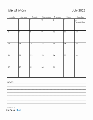 Current month calendar with Isle of Man holidays for July 2025