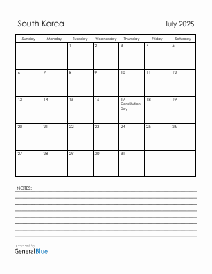 Current month calendar with South Korea holidays for July 2025