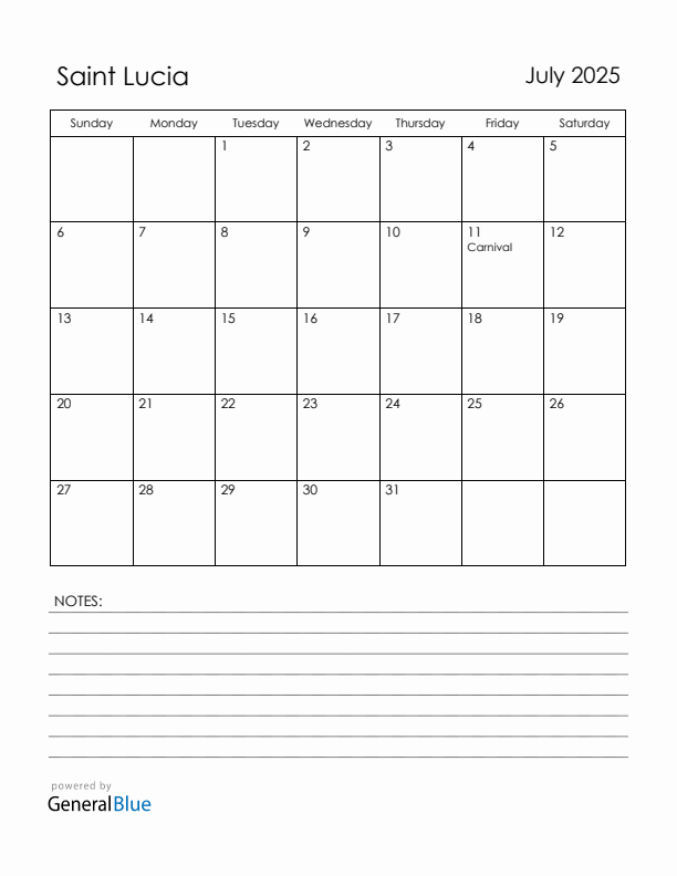 July 2025 Saint Lucia Calendar with Holidays (Sunday Start)