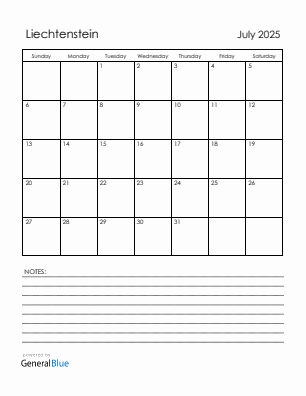 Current month calendar with Liechtenstein holidays for July 2025