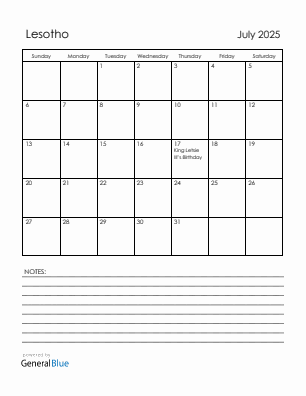 Current month calendar with Lesotho holidays for July 2025