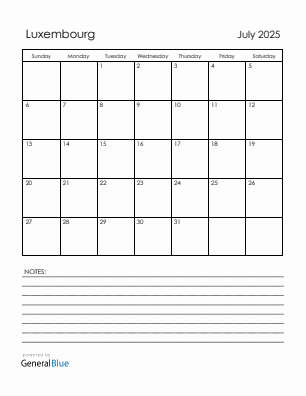 Current month calendar with Luxembourg holidays for July 2025