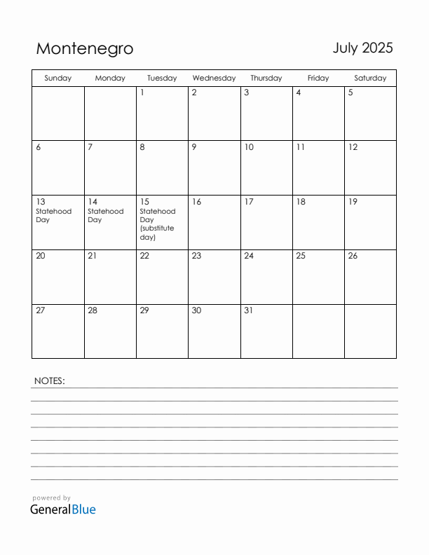 July 2025 Montenegro Calendar with Holidays (Sunday Start)