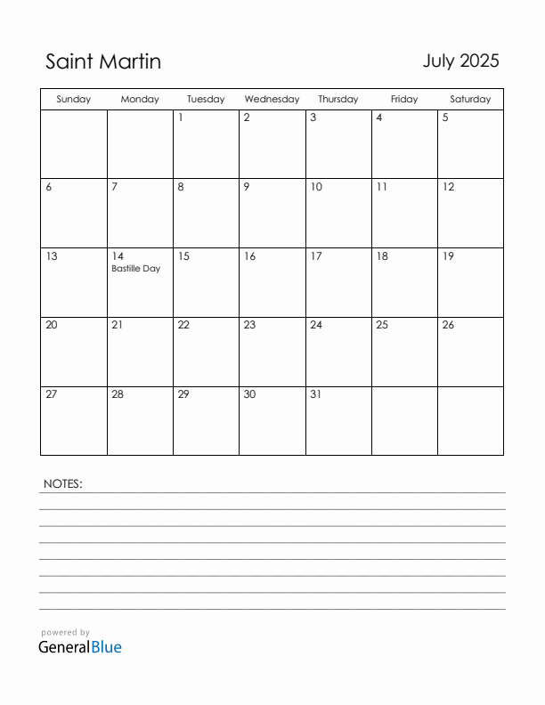 July 2025 Saint Martin Calendar with Holidays (Sunday Start)