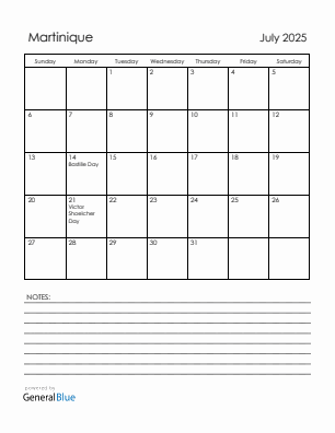Current month calendar with Martinique holidays for July 2025
