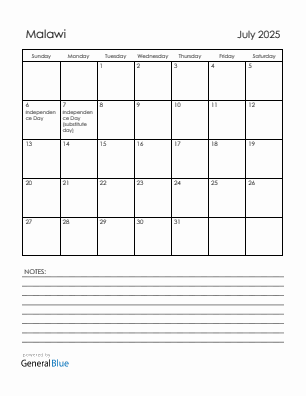 Current month calendar with Malawi holidays for July 2025