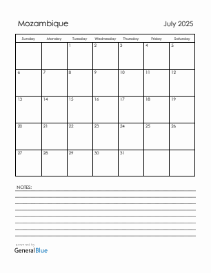 Current month calendar with Mozambique holidays for July 2025