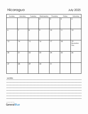 Current month calendar with Nicaragua holidays for July 2025