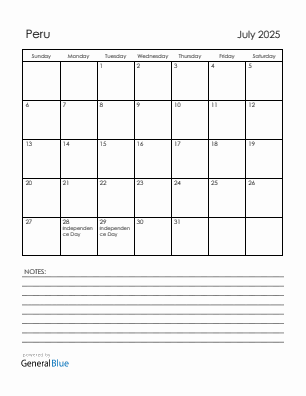 Current month calendar with Peru holidays for July 2025