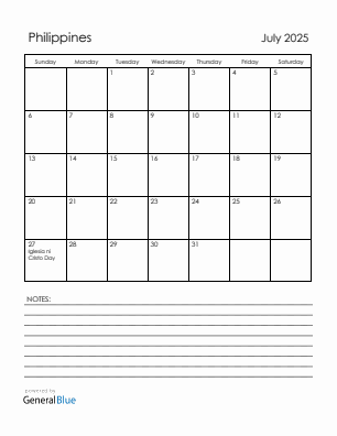 Current month calendar with Philippines holidays for July 2025