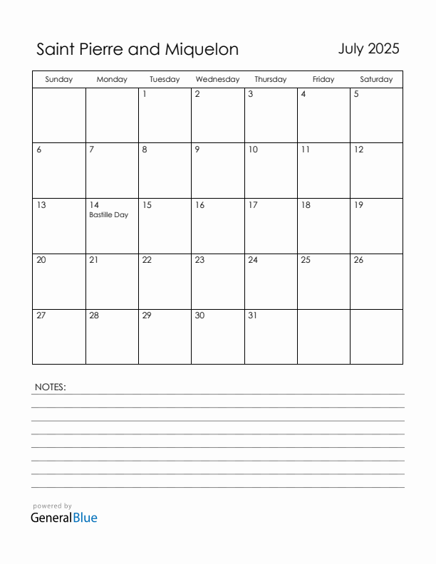 July 2025 Saint Pierre and Miquelon Calendar with Holidays (Sunday Start)