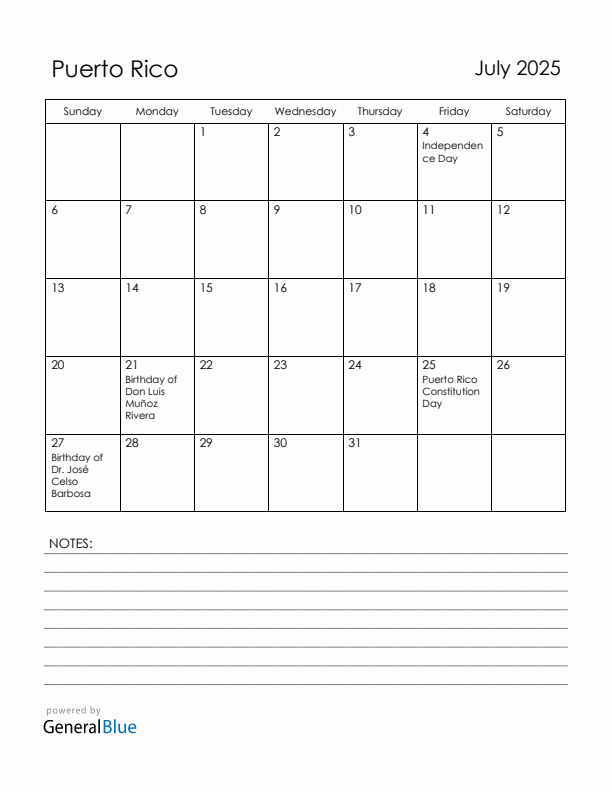 July 2025 Puerto Rico Calendar with Holidays (Sunday Start)