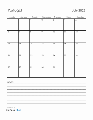 Current month calendar with Portugal holidays for July 2025