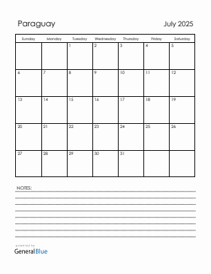 Current month calendar with Paraguay holidays for July 2025